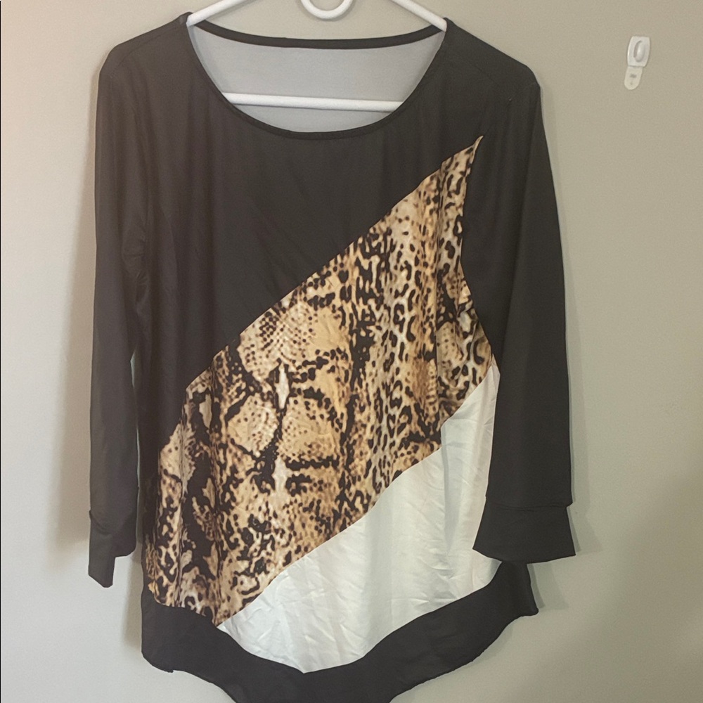 Women's Black and Animal Print Top